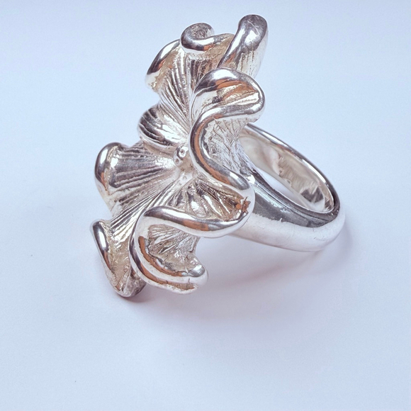 Modernist Sterling Silver 925 Sculptural BIG Blooming Flower 1.4" Vintage Ring - Picture 8 of 11